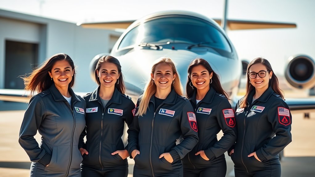 A diverse group of women in flight suits, smiling proudly, standing in front of a sleek airplane under bright natural lighting, showcasing their unity in aerospace