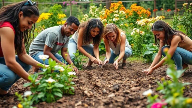 A vibrant garden scene with diverse young adults digging in rich soil, surrounded by blooming flowers and greenery, captured in natural light with intricate details