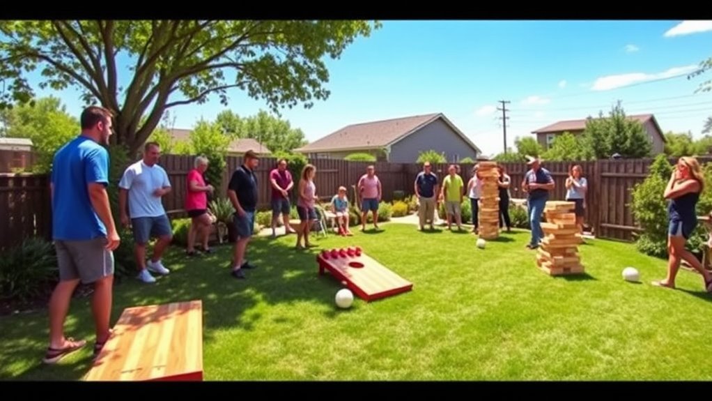 A vibrant backyard scene featuring people playing various yard games like cornhole, bocce ball, and giant Jenga, surrounded by greenery, under a bright blue sky