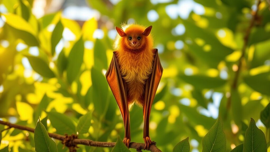 A vibrant yellow bat hanging upside down from a lush green tree branch, surrounded by golden sunlight filtering through the leaves, showcasing intricate details of fur and wings