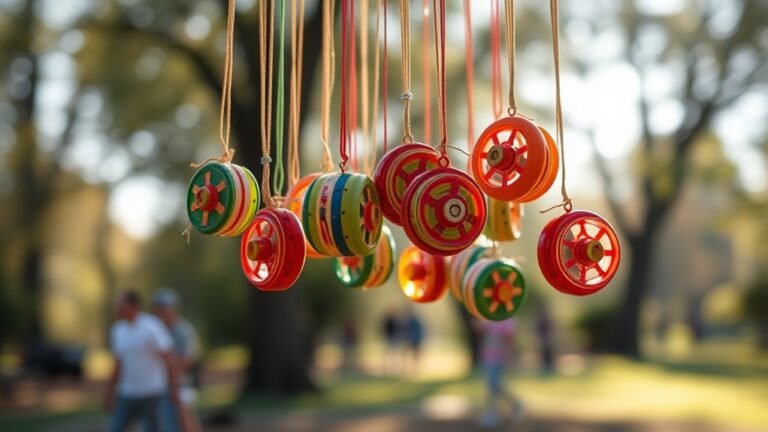 A colorful array of vintage yo-yos suspended mid-air, catching sunlight, with a soft bokeh background of a park scene, elegantly showcasing their intricate designs