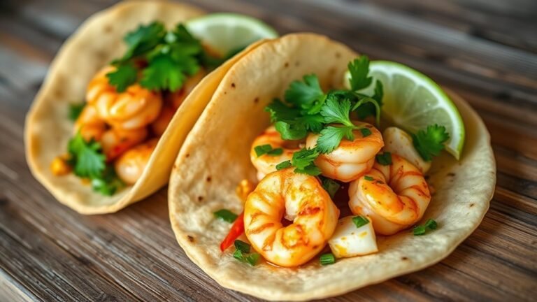 A close-up of beautifully arranged Yucatan shrimp tacos, vibrant garnishes of cilantro and lime, set against a rustic wooden table, capturing natural light and textures