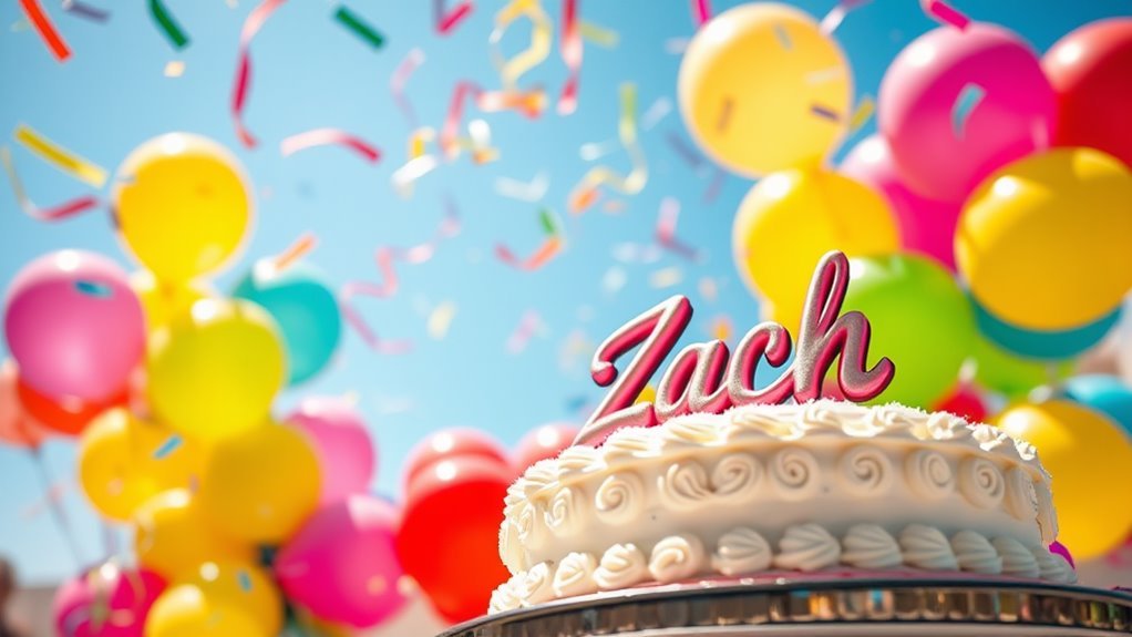 A vibrant celebration scene featuring balloons, confetti, and a beautifully decorated cake with "Zach" in elegant icing, all under a bright blue sky