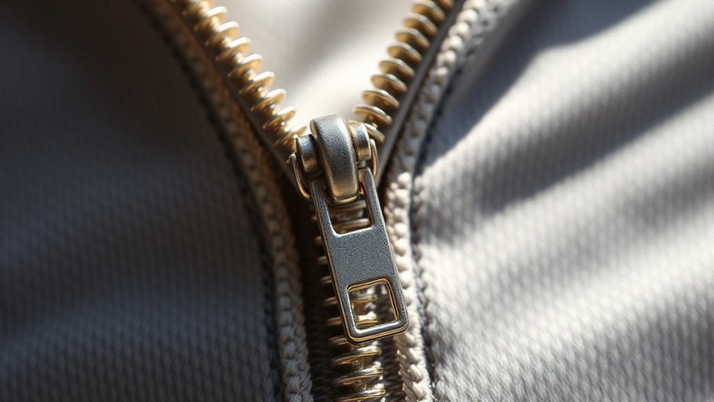 A close-up of a shimmering, intricately designed zipper glistening in natural light, showcasing its elegant teeth and pull, centered against a soft, blurred fabric background