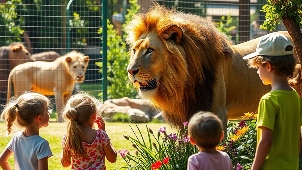 A vibrant scene of children joyfully observing a majestic lion in a sunlit zoo enclosure, surrounded by lush greenery and colorful flowers, captured in stunning detail