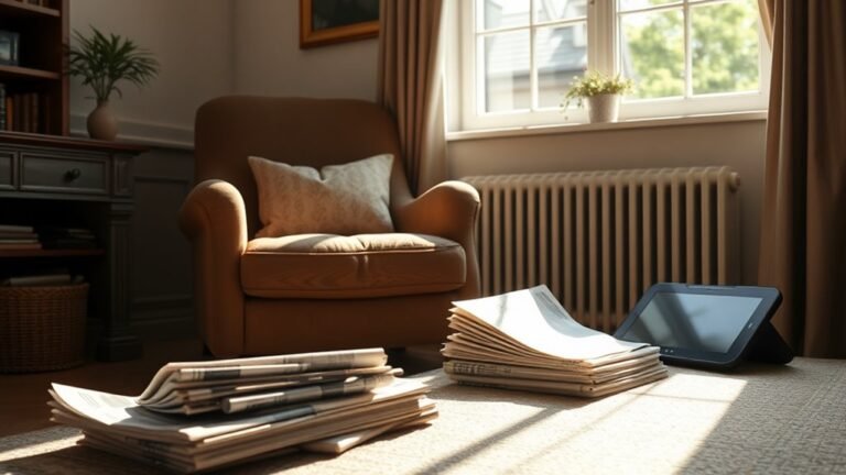 A serene living room scene, sunlight streaming through a window, a cozy armchair beside a stack of untouched newspapers, a digital device turned off, inviting tranquility