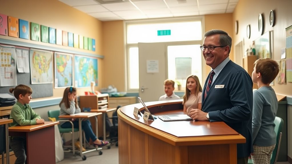 A warm, sunlit school office filled with colorful student artwork, a polished wooden desk with a nameplate, and a smiling principal engaging with students, captured in stunning detail