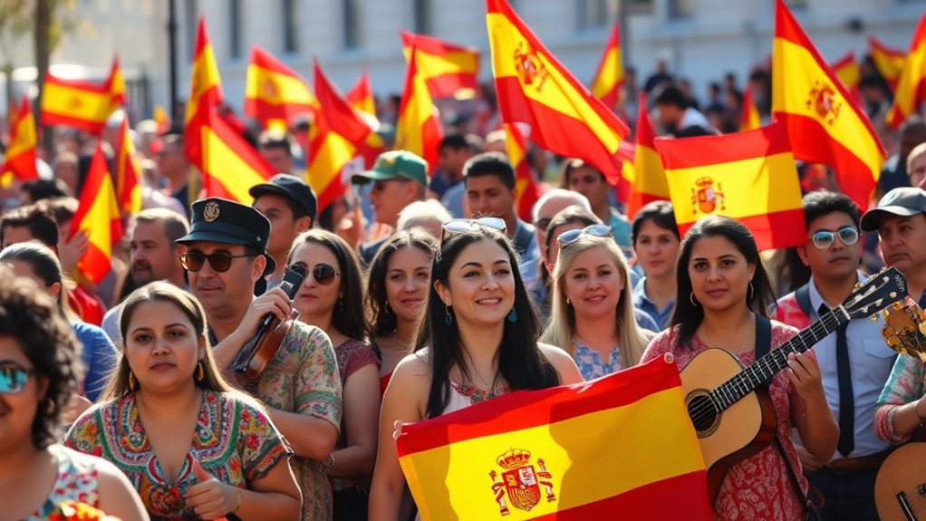 A vibrant scene of diverse people celebrating Spanish Language Day with colorful flags, traditional music instruments, and cultural attire, all basking in warm, natural lighting