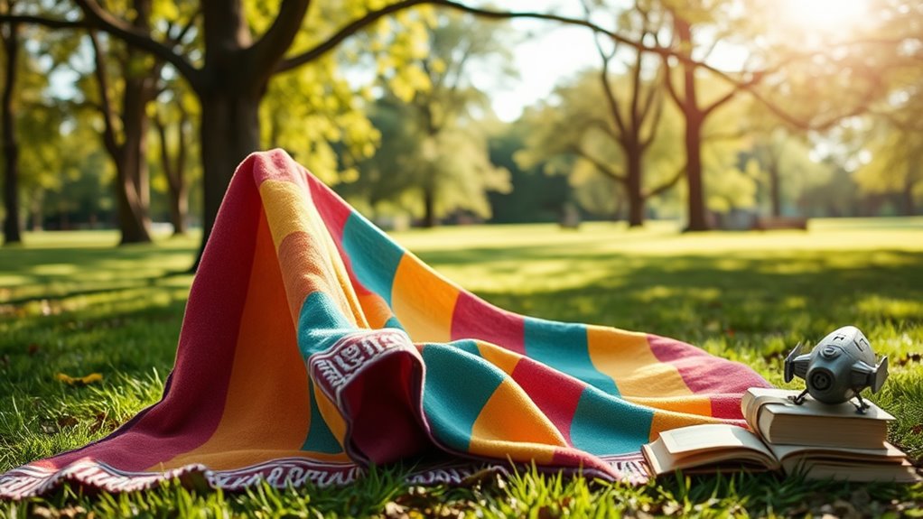 A vibrant, elegantly draped towel in a serene park setting, basking in natural sunlight, surrounded by whimsical elements like books and a small spaceship model