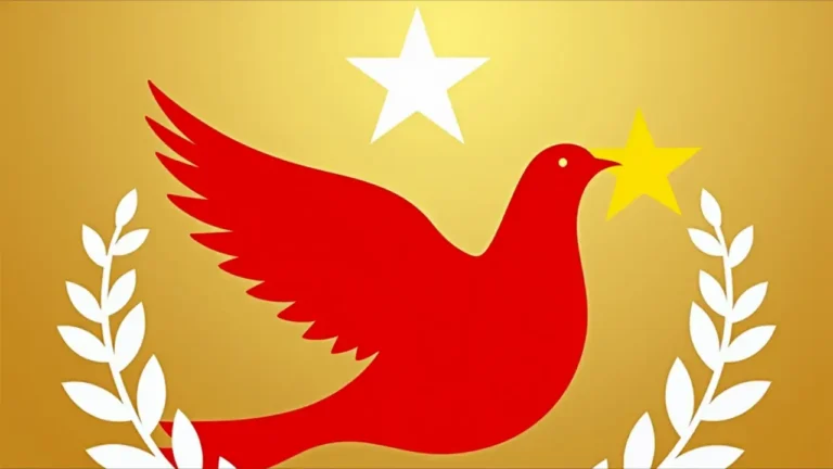 A dove carrying an olive branch flying over the Vietnamese landscape with traditional pagodas and rice fields, symbolizing peace and reconciliation