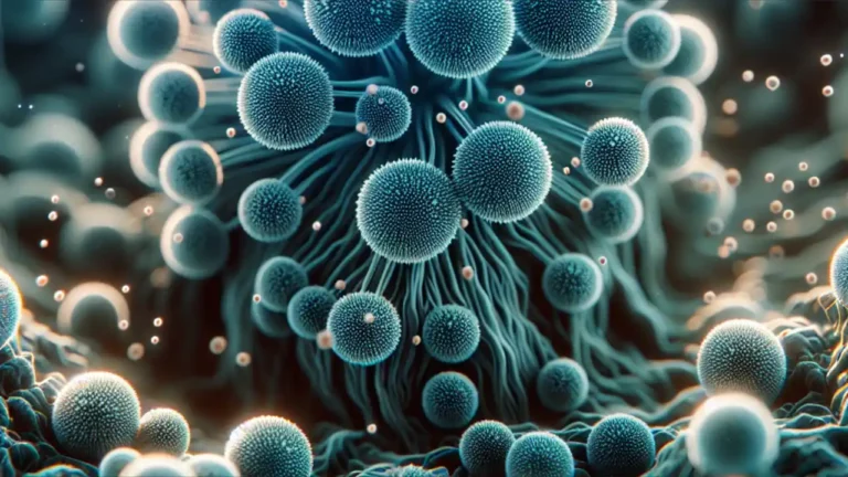 A microscopic view of blue-green Aspergillus fungal spores against a dark background, symbolizing World Aspergillosis Day and raising awareness about this fungal infection