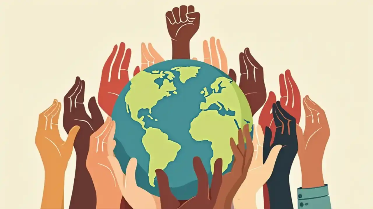 A raised fist holding a globe surrounded by diverse hands joining together, symbolizing unity, equality, and collective action for social justice worldwide