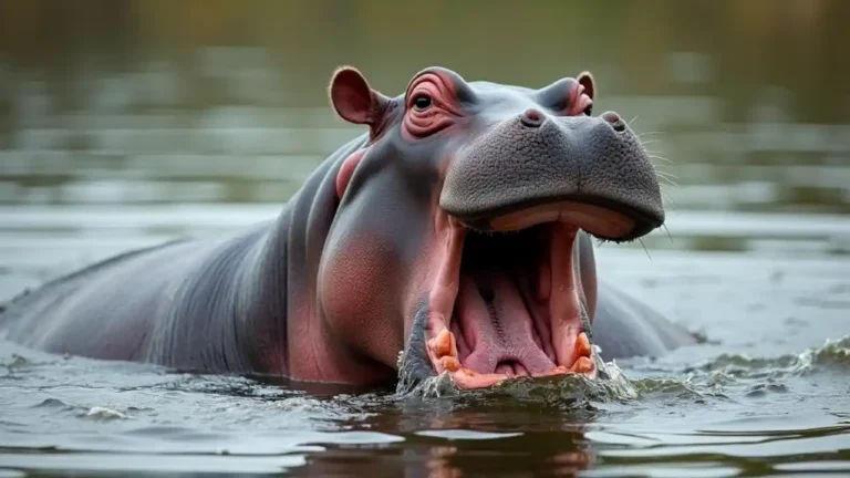 A happy hippopotamus partially submerged in water, showing its distinctive wide snout and eyes, with ripples surrounding it as it enjoys a peaceful moment in its natural habitat