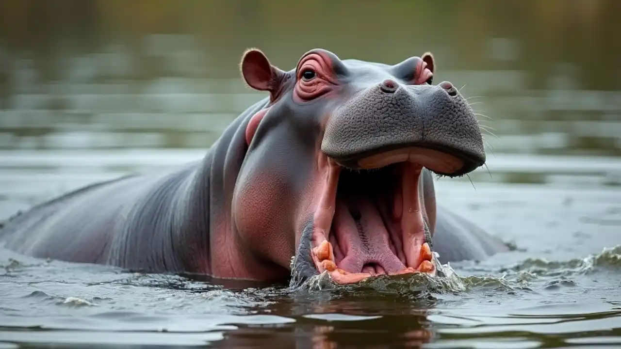 A happy hippopotamus partially submerged in water, showing its distinctive wide snout and eyes, with ripples surrounding it as it enjoys a peaceful moment in its natural habitat
