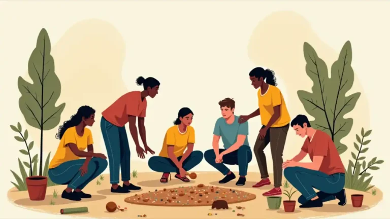 A group of diverse volunteers working together at a community project, with NGO logos and banners visible in the background, symbolizing global humanitarian efforts and social impact.