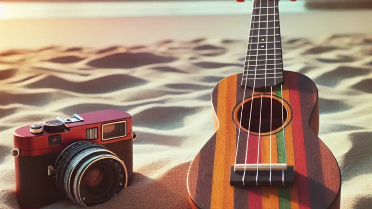 A colorful ukulele resting on a beach with musical notes floating in the air, symbolizing the joyful celebration of World Play Your Ukulele Day