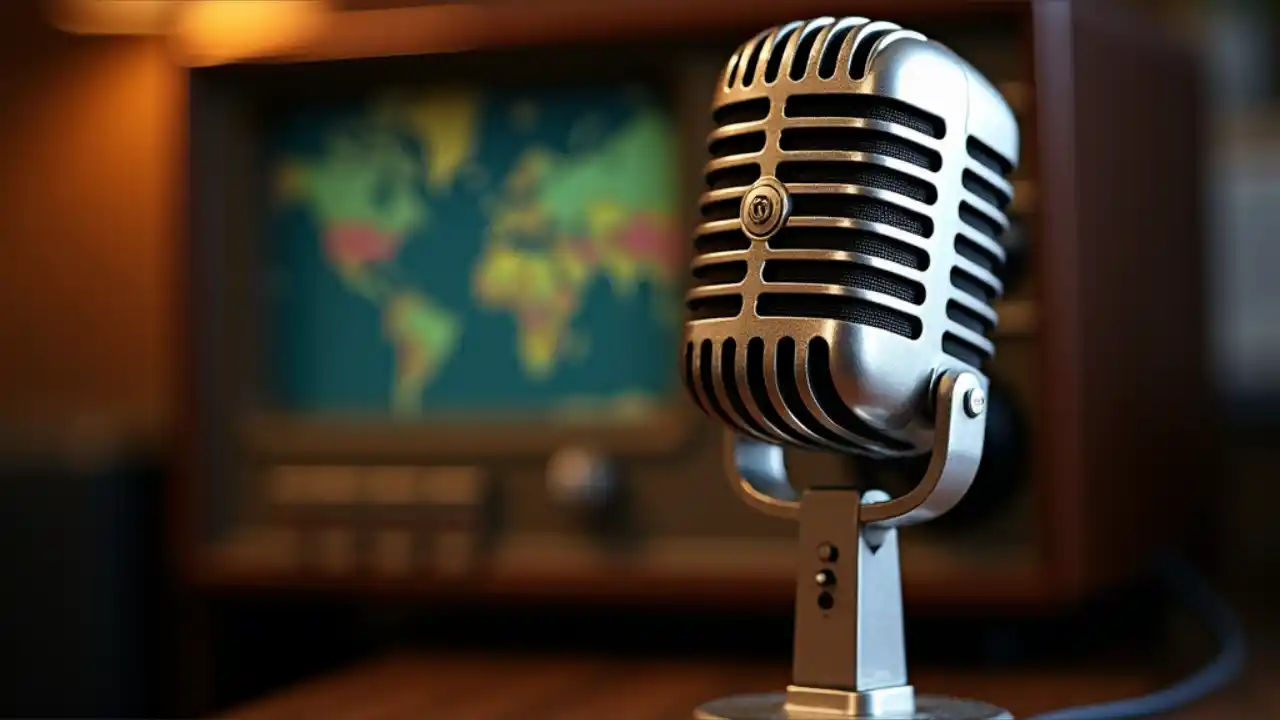 A vintage radio microphone against a blue background with radio waves emanating outward, symbolizing global communication and broadcasting heritage on World Radio Day