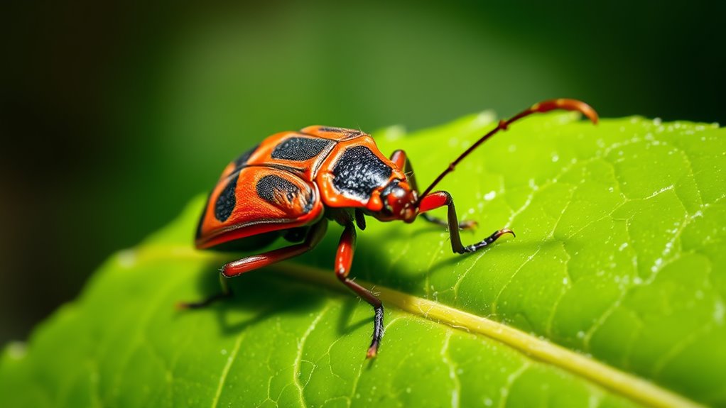 A close-up of a reduviid bug on a vibrant green leaf, with subtle sunlight filtering through, showcasing intricate details of the bug's exoskeleton