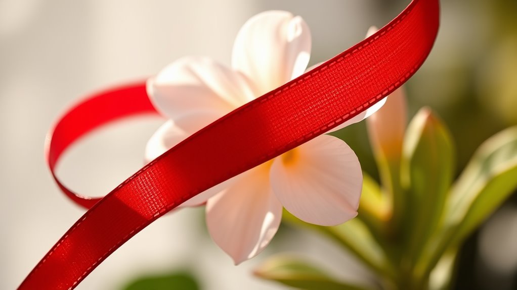 An elegant close-up of a vibrant red ribbon intertwined with a delicate white flower, softly illuminated in natural light, symbolizing hope and awareness for hemophilia