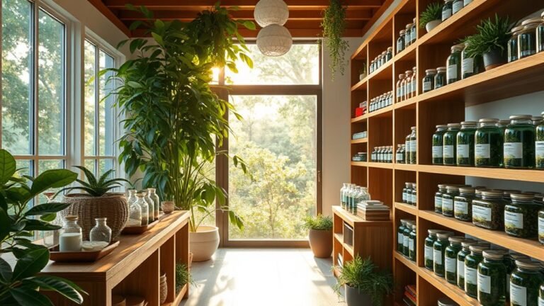 A serene homeopathy clinic, featuring elegant glass jars of herbal remedies, shimmering sunlight filtering through lush greenery, and intricate wooden shelves displaying holistic treatments