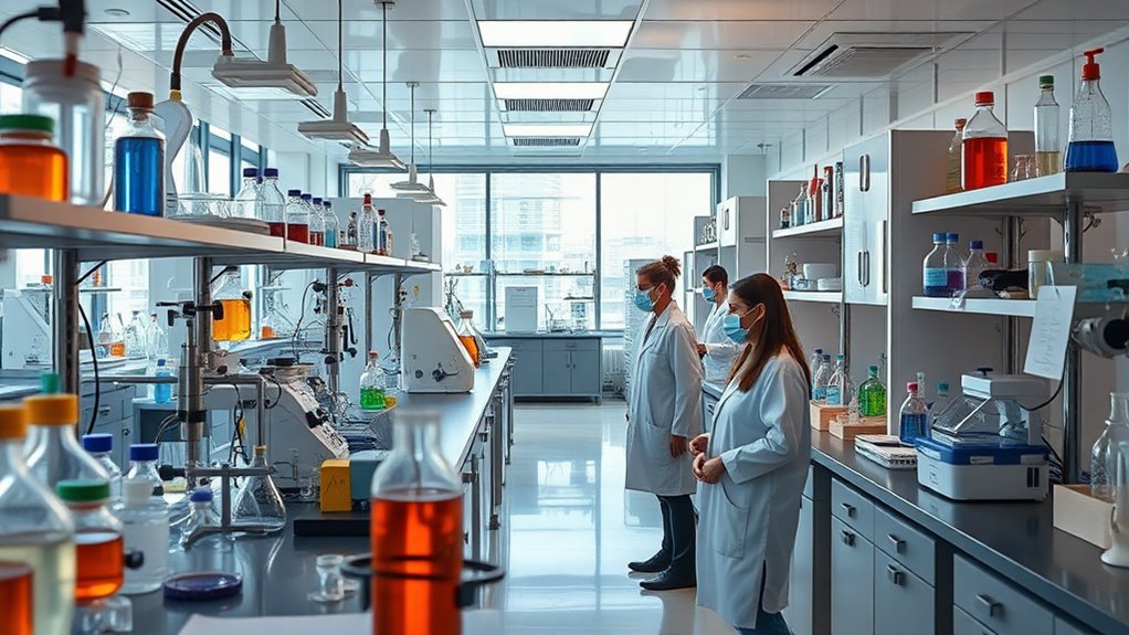 A gleaming laboratory environment filled with advanced scientific equipment, vibrant glassware, and focused researchers in lab coats, all illuminated by soft, natural light