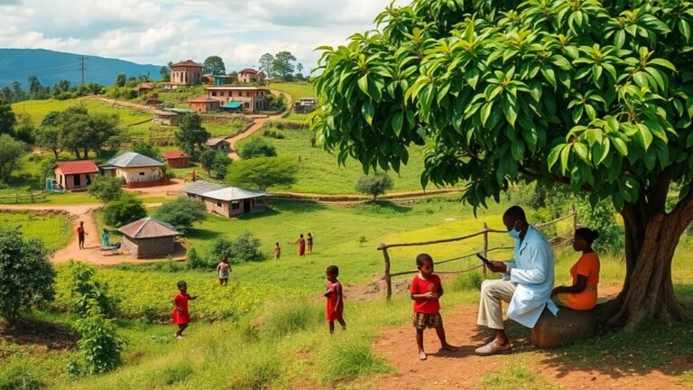 A vibrant landscape showcasing a lush green village, with children playing and a doctor examining a patient under a tree, highlighting community health efforts against malaria