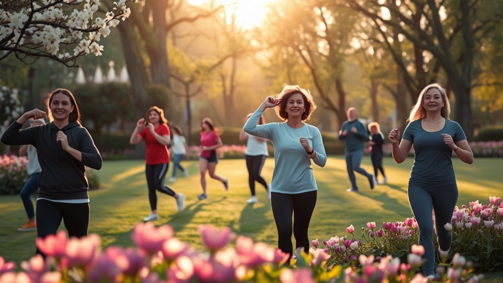 A serene park scene at dawn, showcasing a diverse group of individuals engaging in gentle exercise, surrounded by blooming flowers and soft sunlight filtering through trees