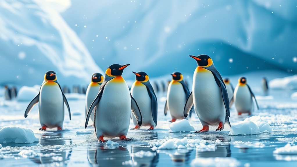 A serene Antarctic landscape featuring a group of playful penguins wading through glistening ice, surrounded by soft snowflakes, captured in stunning detail and vibrant colors