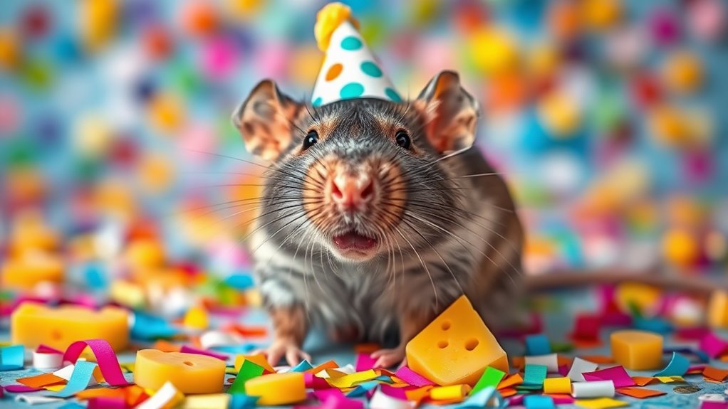 A playful rat wearing a tiny party hat, surrounded by colorful confetti and miniature cheese slices in a vibrant setting