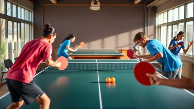 A vibrant scene of a table tennis match, players in motion, colorful paddles and balls, natural light streaming in, showcasing elegance and precision in every detail