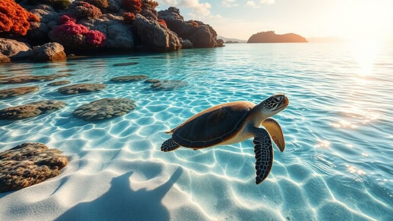A serene beach scene at sunrise, featuring a majestic sea turtle gracefully swimming through crystal-clear waters, surrounded by vibrant coral reefs and shimmering sunlight