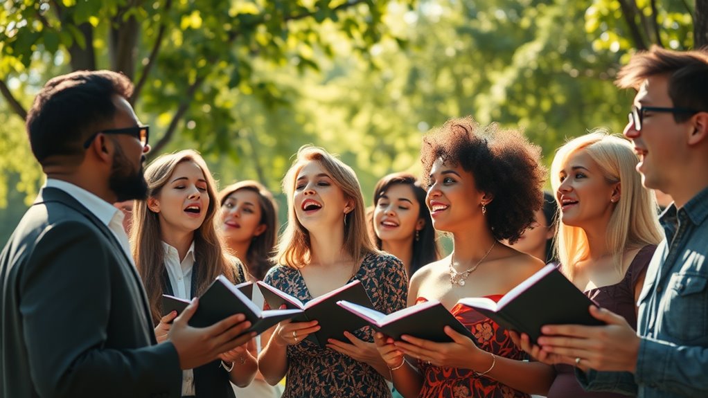 A serene scene of diverse individuals singing harmoniously in a sunlit park, surrounded by lush greenery, elegant expressions, and shimmering sound waves visually represented around them