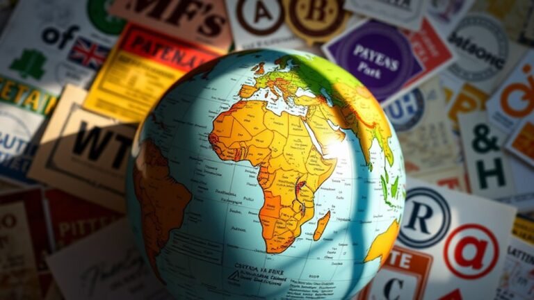 A close-up of a globe surrounded by colorful patents, trademarks, and copyrights, illuminated by natural light, showcasing intricate details and elegant designs