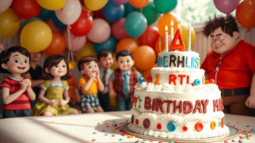A whimsical scene featuring a vibrant celebration with colorful balloons, cheerful people in festive attire, and a large cake adorned with Ralph-themed decorations, all under soft natural lighting