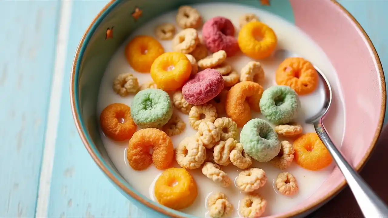 A colorful breakfast bowl filled with assorted breakfast cereals and fresh milk, with a silver spoon resting on the side, photographed from above