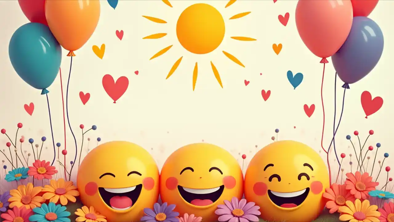 A colorful illustration of smiling faces surrounded by cheerful elements like hearts, balloons, and sunshine, representing the spirit of spreading happiness and joy on National I Want You to be Happy Day