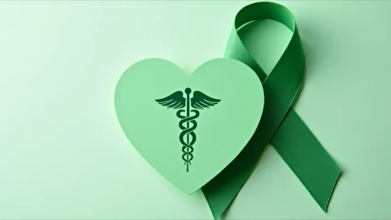 A symbolic heart icon with a green ribbon, representing organ donation awareness, alongside a medical caduceus symbol on a white background.