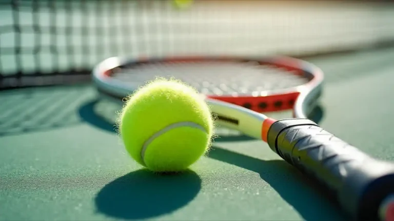 A tennis racket and ball resting on a sunny outdoor court, with vibrant white court lines and a net in the background, symbolizing the celebration of National Play Tennis Day.