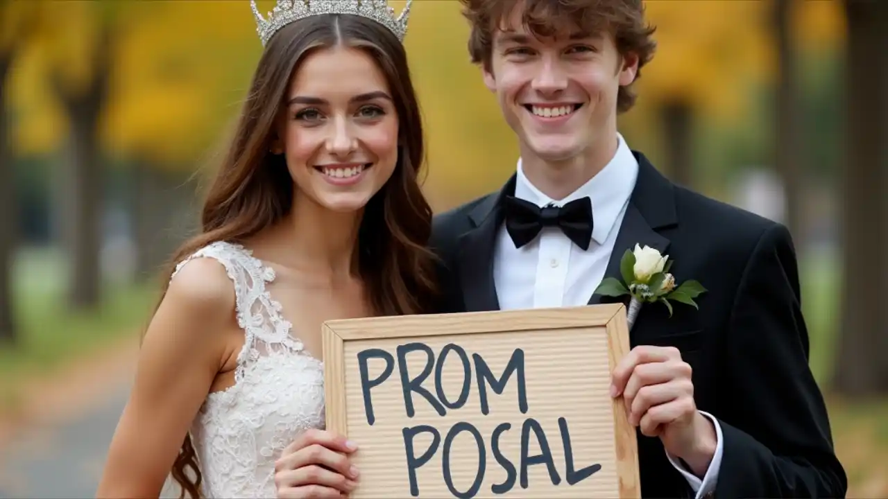 A smiling teenage couple in formal attire, where a boy holds a creative handmade sign asking "Will you go to prom with me?" surrounded by balloons and rose petals in a high school hallway