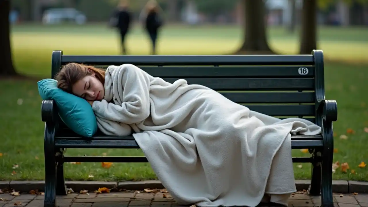 A person peacefully napping on a park bench during daylight, with a cozy blanket and a "Do Not Disturb" sign, celebrating National Public Sleeping Day