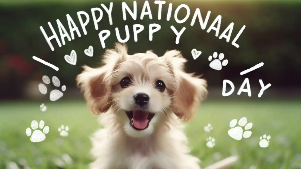 A playful puppy with floppy ears and wagging tail, looking up with bright eyes while sitting on a grassy background, celebrating National Puppy Day