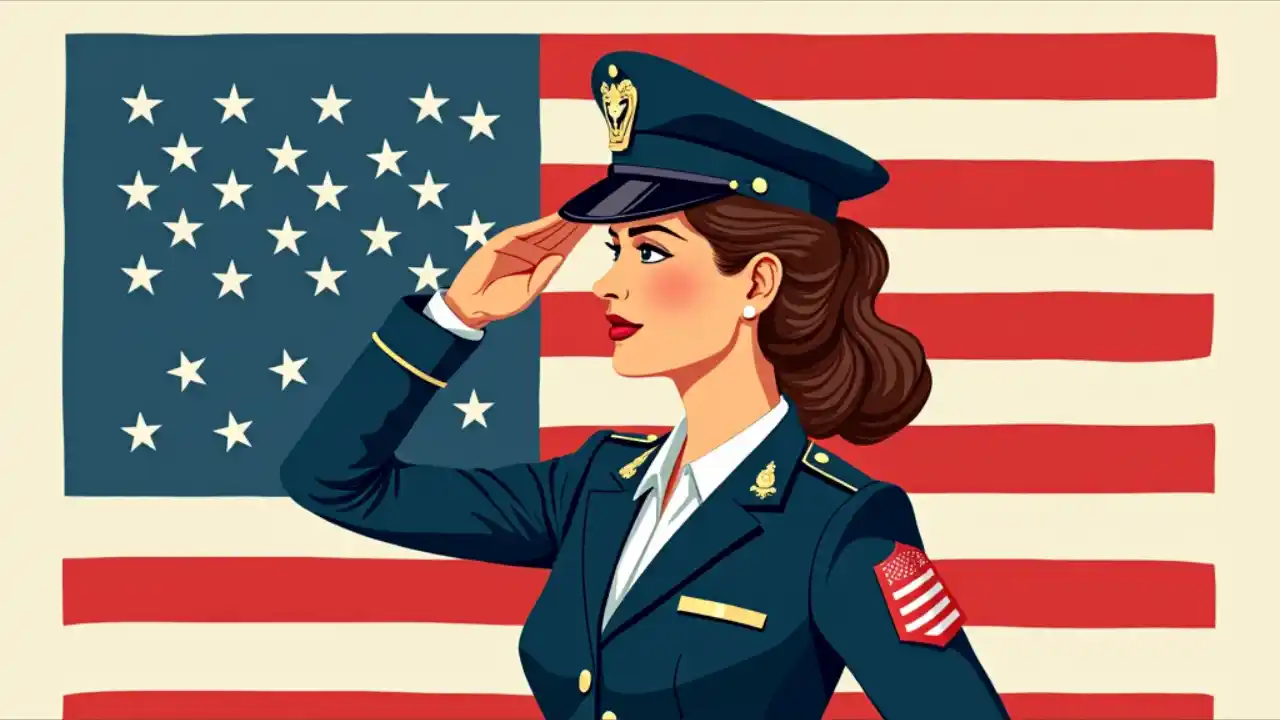 A female military veteran in dress uniform standing proudly, saluting with the American flag in the background, symbolizing the recognition and celebration of women veterans' service and achievements