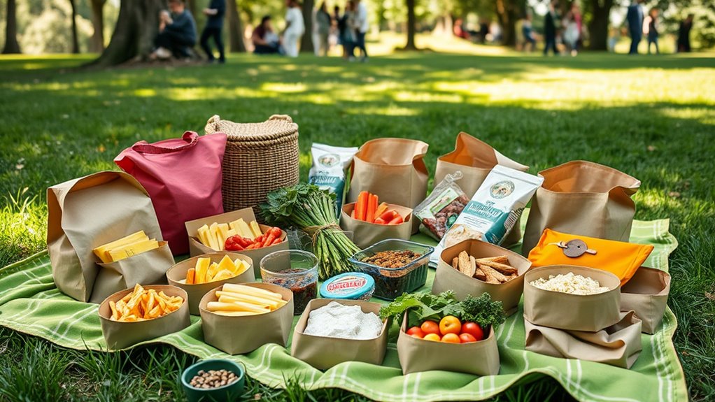 A beautifully arranged picnic scene featuring a variety of colorful, healthy brown-bag lunches spread on a vibrant green park blanket under soft, natural light