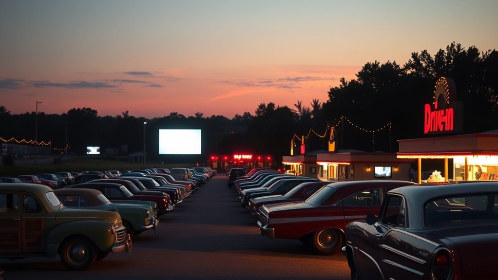 A nostalgic drive-in theater scene at dusk, vintage cars lined up, glowing screens, popcorn stands, and twinkling fairy lights, capturing a warm, inviting atmosphere