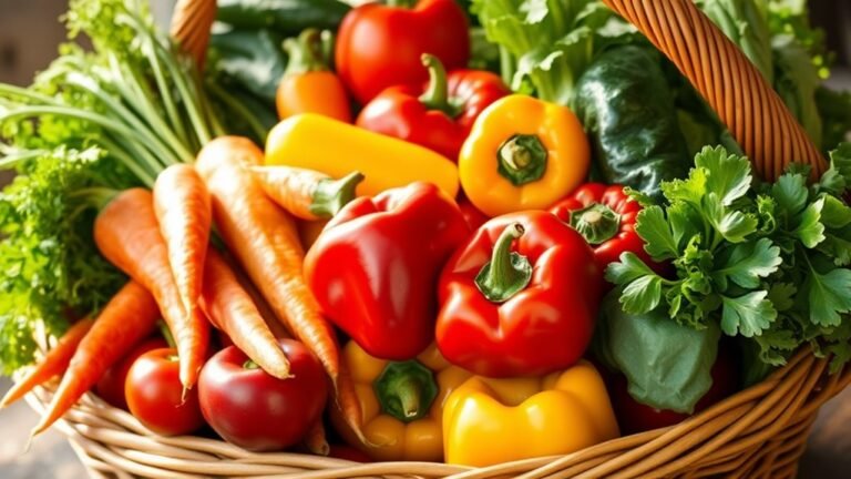A vibrant, overflowing vegetable basket featuring fresh, colorful produce like carrots, bell peppers, and leafy greens, illuminated by soft natural lighting, elegantly arranged