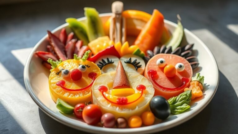 A whimsical plate of colorful fruits and vegetables artistically arranged to form cheerful faces, illuminated by natural light, with vibrant colors and intricate details
