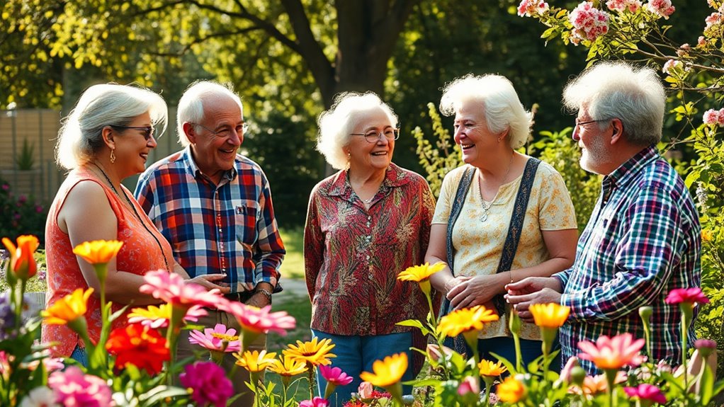 A vibrant garden scene featuring diverse elderly LGBT individuals engaged in joyful conversation, surrounded by blooming flowers and soft sunlight filtering through trees