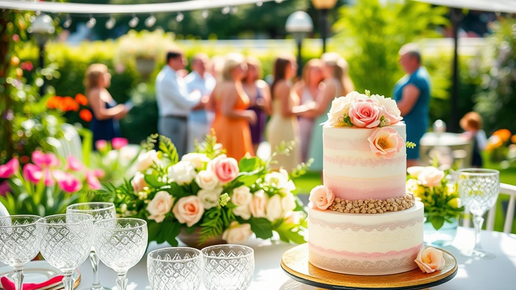 In the foreground, there's a collection of glassware sparkling in the sunlight, showcasing intricate patterns that catch the eye. A cake, intricately designed with layers of pastel icing and adorned with edible flowers