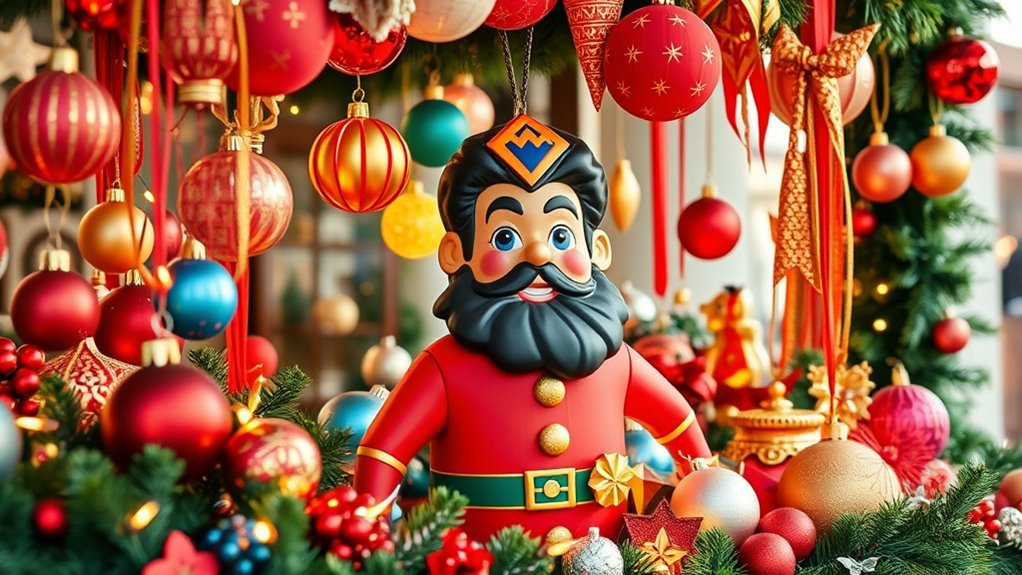 A beautifully arranged display of vibrant, handcrafted ornaments and festive decorations, featuring a large, colorful Leon, surrounded by twinkling lights and greenery, captured in natural lighting