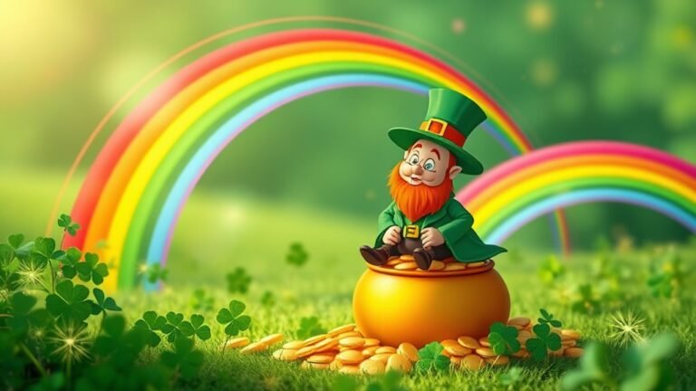 A vibrant, emerald green landscape featuring a whimsical leprechaun sitting on a pot of gold, surrounded by colorful rainbows and sparkling shamrocks, in soft natural lighting